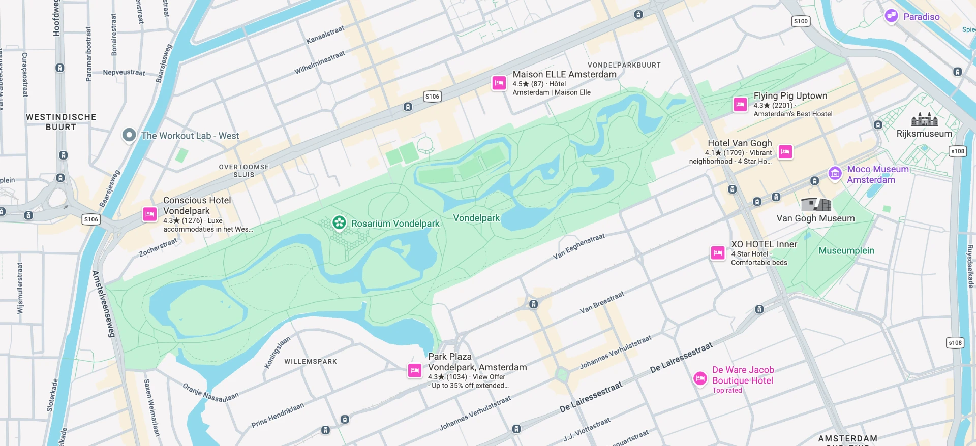 Map of Vondelpark and surrounding Amsterdam streets