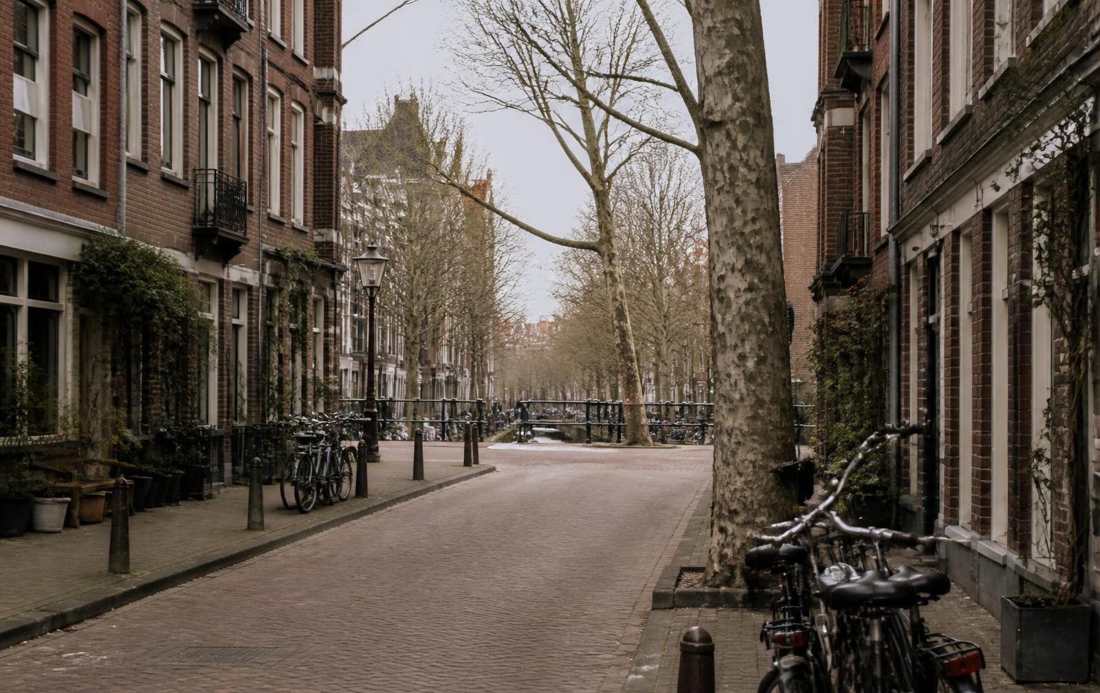 A quiet residential street in Amsterdam with brick houses, bicycles and a canal bridge