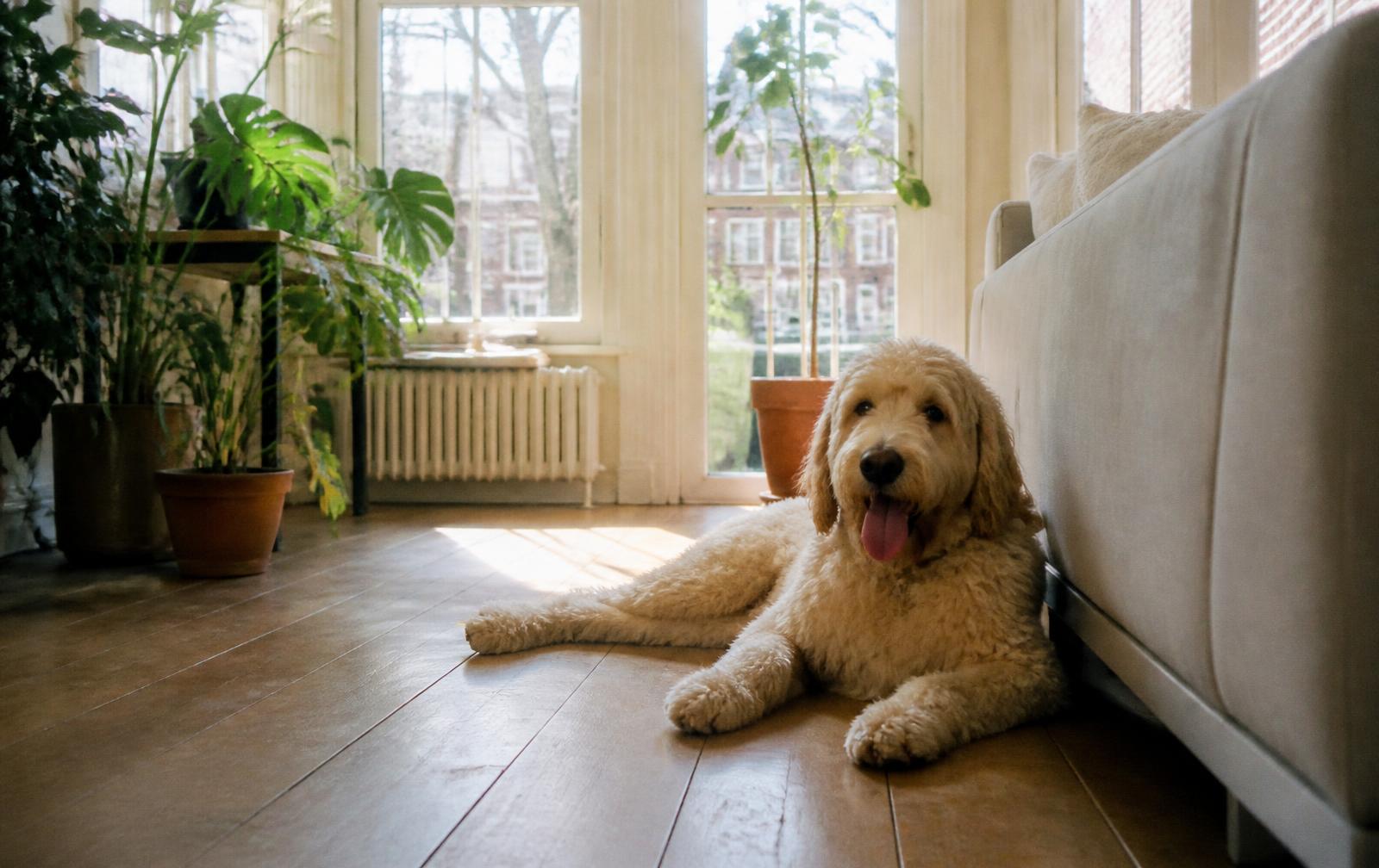 A labradoodle resting on the floor of a sunlit Amsterdam apartment
